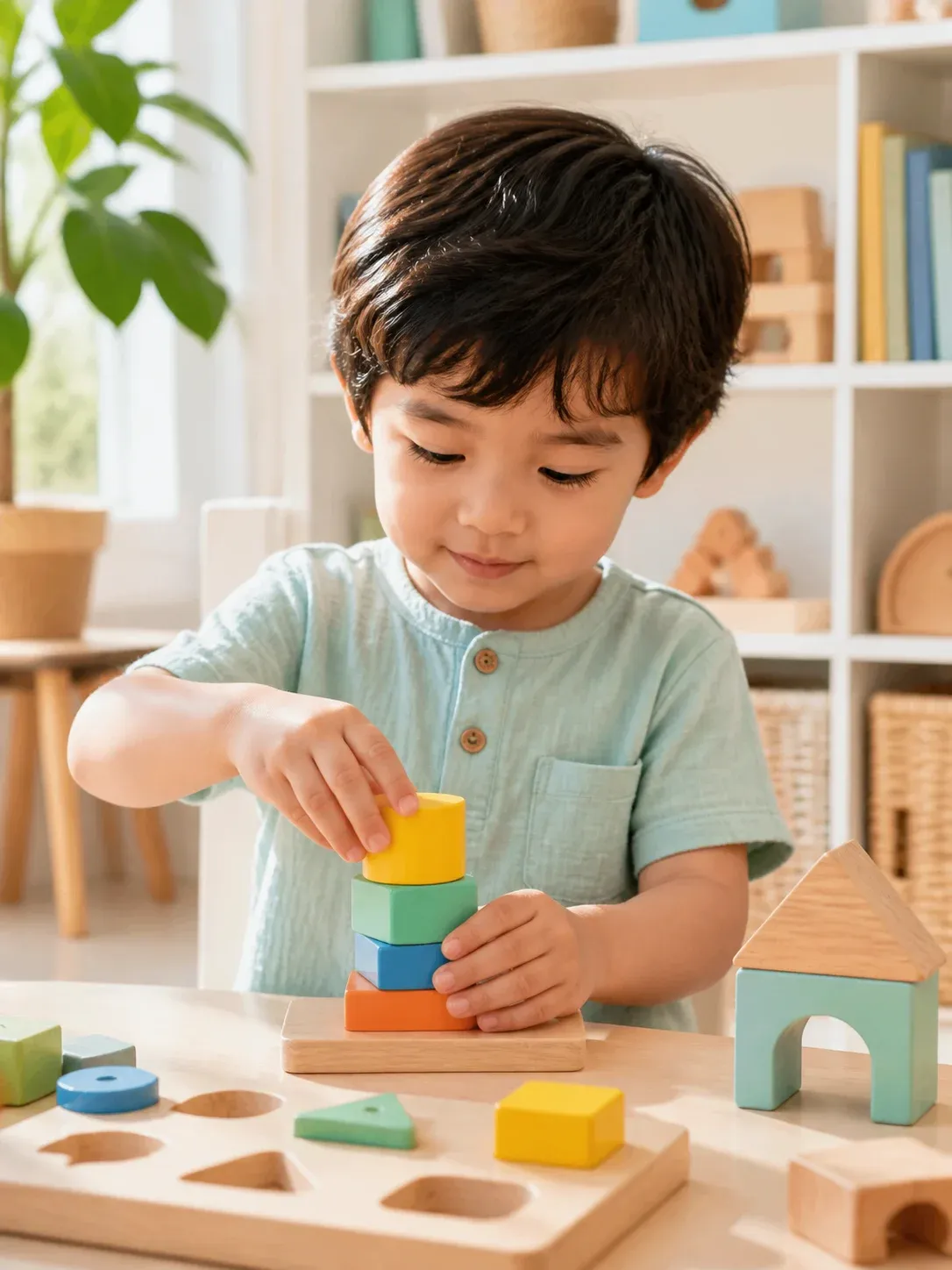 Child stacking wooden learning blocks in a bright playroom