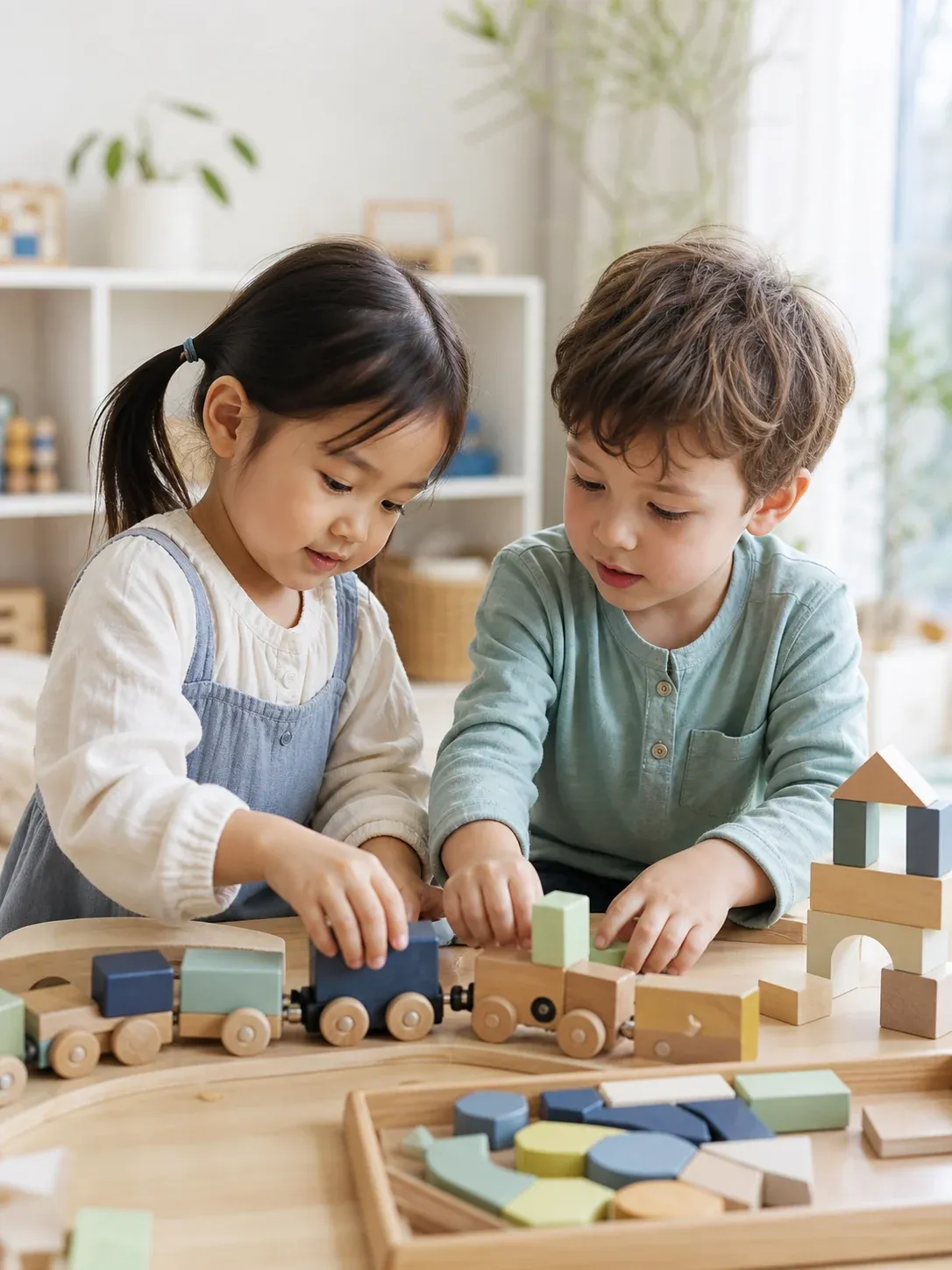 Two children building and learning together with wooden toys