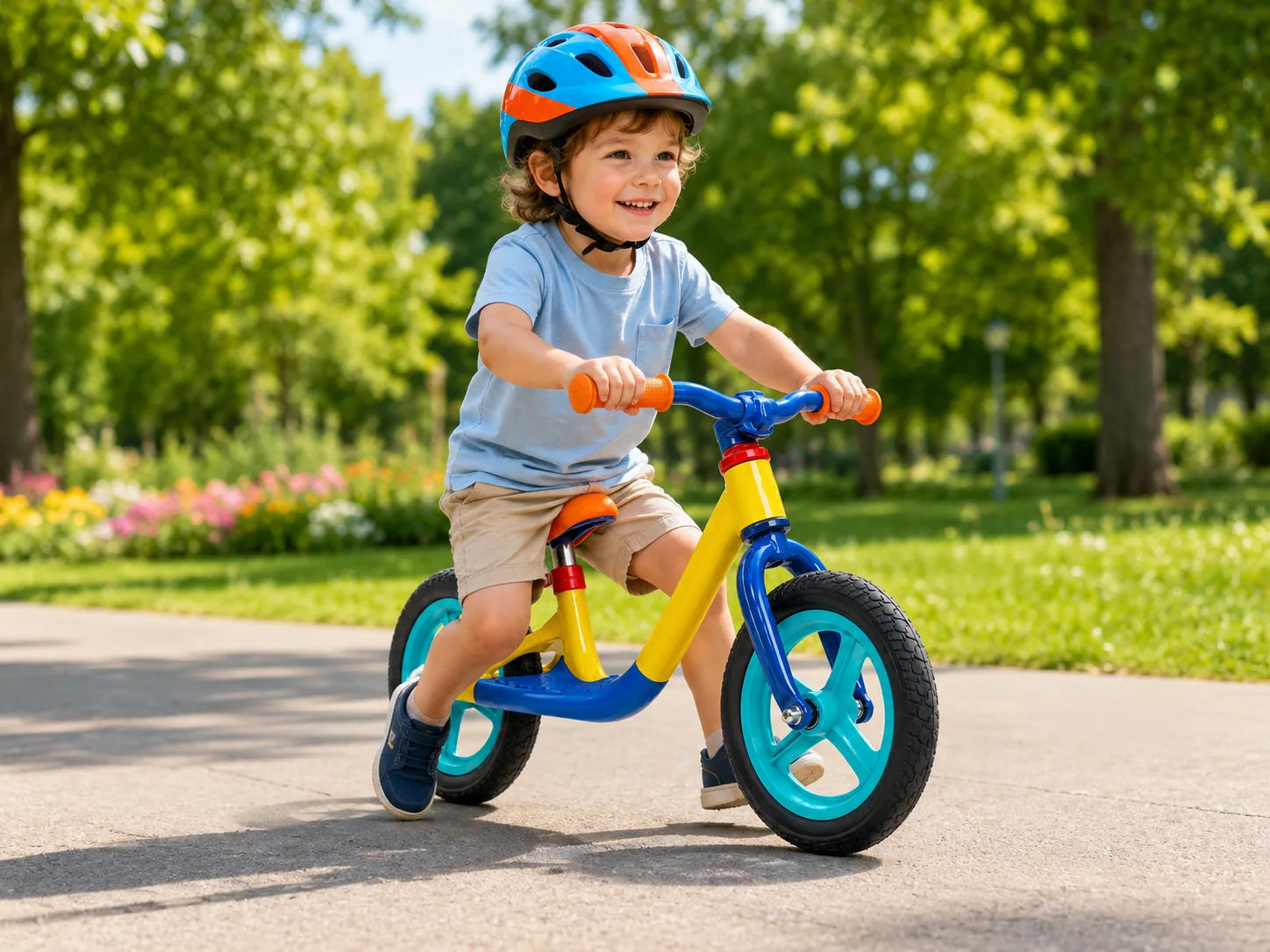 Anak mengendarai mini balance bike di area terbuka