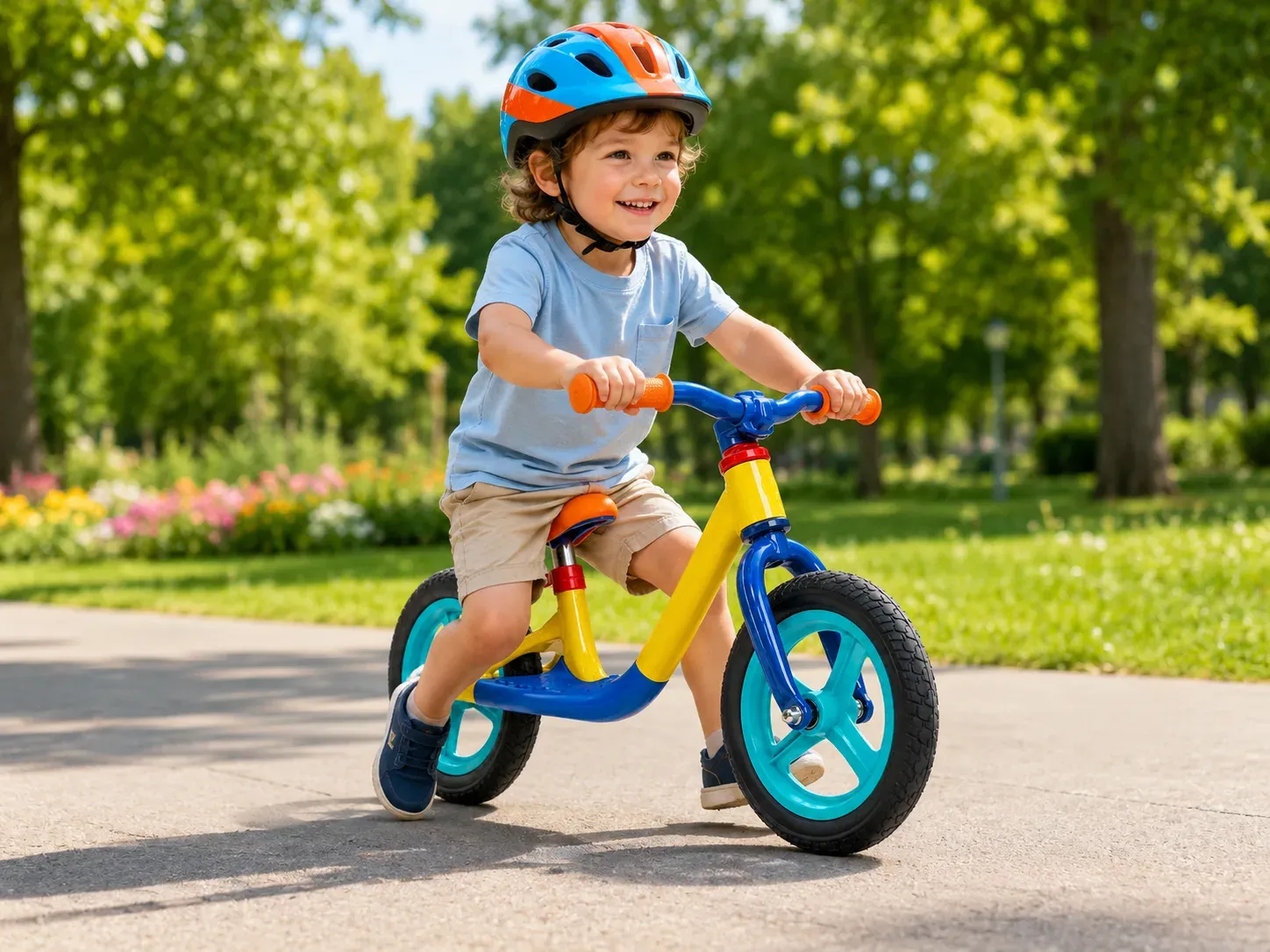 Anak mengendarai mini balance bike di area terbuka