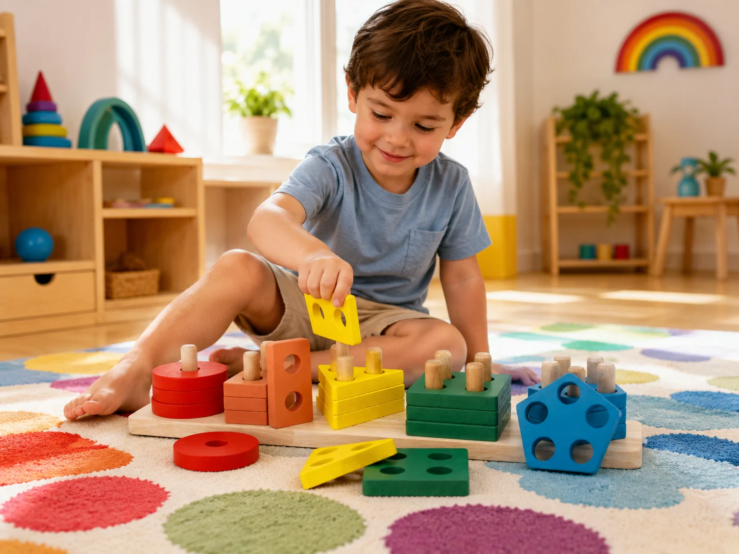 Anak mengeksplorasi mekanisme taktil pada papan aktivitas Montessori berbahan kayu